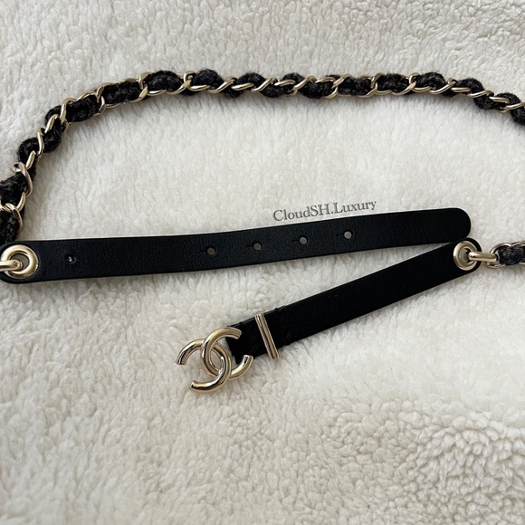 Auth Chanel 22K Classic Small CC Logo Tweed Chain Leather Belt - Size 70 - Picture 2 of 8